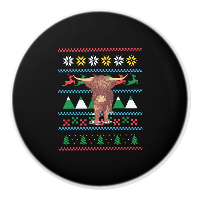 Highland Cow Ugly Christmas Ceramic Knob (Front)