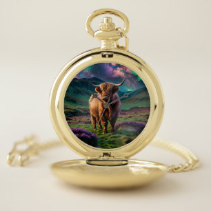 Highland Cow Under The Stars Pocket Watch