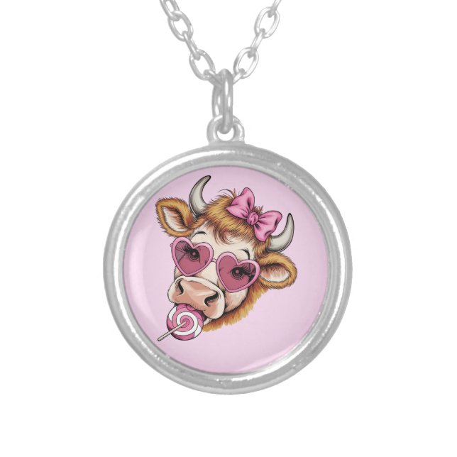 Highland Cow Valentine Coquette Valentine's Day  Silver Plated Necklace (Front)