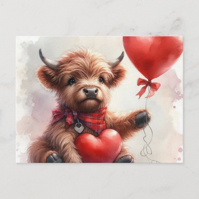 Highland Cow Valentine Heart Balloon Postcard (Front)