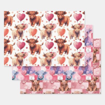 Highland Cow Valentine Pink Balloon Hearts Gift Wrapping Paper Sheets