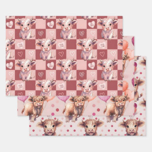 Highland Cow Valentine Pink Candy Hearts Gift Wrapping Paper Sheets