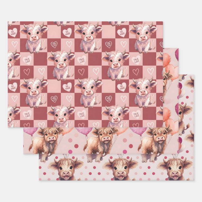 Highland Cow Valentine Pink Candy Hearts Gift Wrapping Paper Sheets (Set)