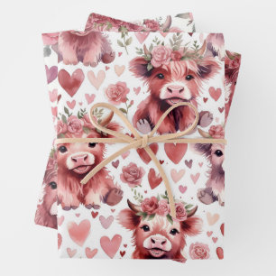 Highland Cow Valentine Pink Floral Watercolor Wrapping Paper Sheets
