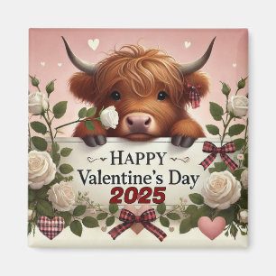 Highland Cow Valentine With White Roses Magnet