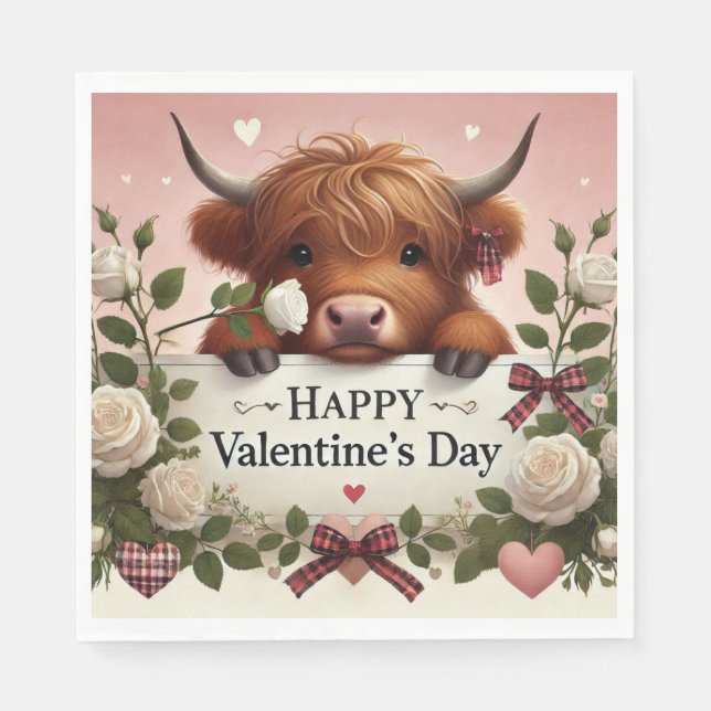 Highland Cow Valentine With White Roses   Napkins (Front)