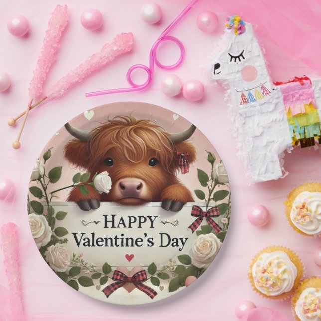 Highland Cow Valentine With White Roses   Paper Plates (Party)