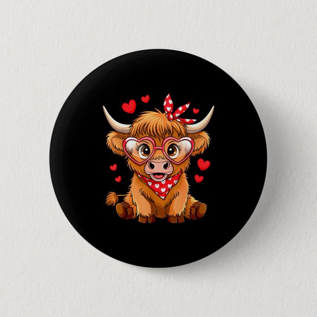 Highland Cow Valentines Day Funny Hearts Valentine Button (Front)