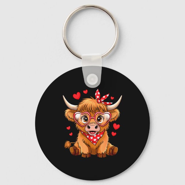 Highland Cow Valentines Day Funny Hearts Valentine Keychain (Front)