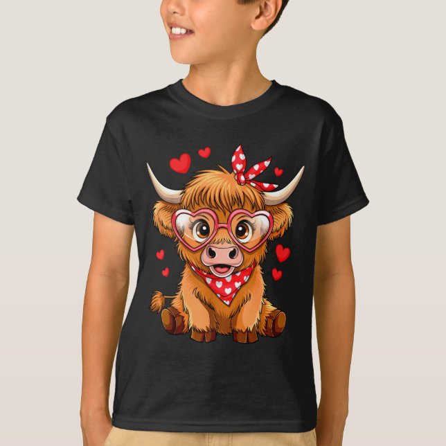 Highland Cow Valentines Day Funny Hearts Valentine T-Shirt (Front)