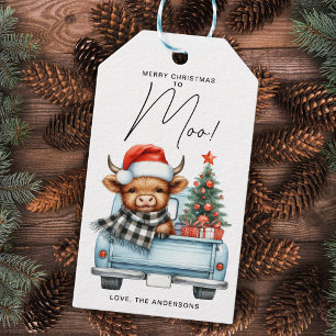Highland Cow Vintage Blue Truck Merry Christmas Gift Tags