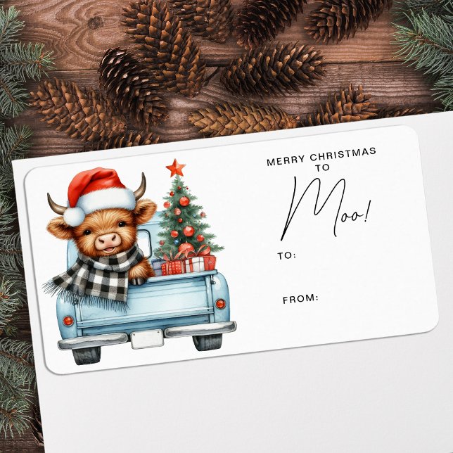 Highland Cow Vintage Blue Truck Merry Christmas Label (Creator Uploaded)