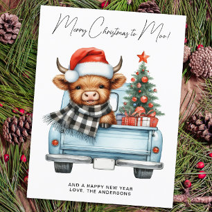 Highland Cow Vintage Blue Truck Merry Christmas Postcard