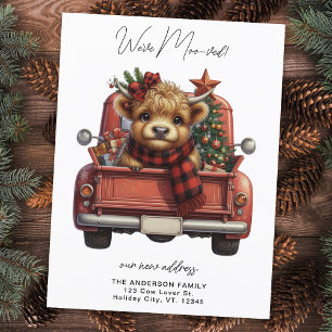 Highland Cow Vintage Red Truck Christmas Moving Announcement Postcard