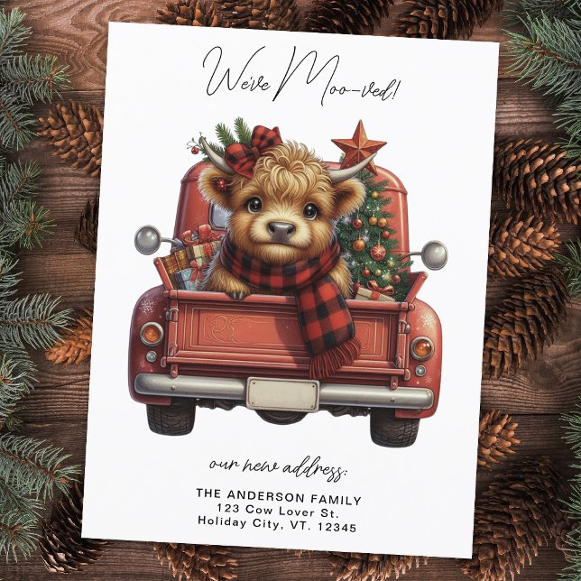 Highland Cow Vintage Red Truck Christmas Moving Announcement Postcard (Creator Uploaded)