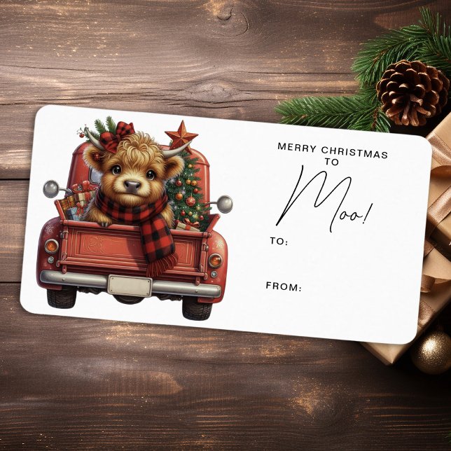 Highland Cow Vintage Red Truck Merry Christmas Label (Creator Uploaded)