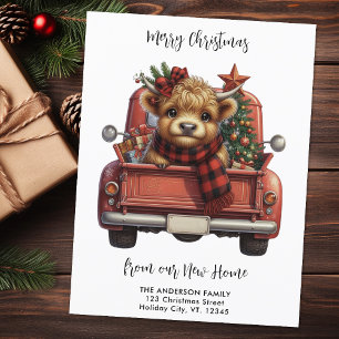 Highland Cow Vintage Red Truck Merry Christmas  Postcard