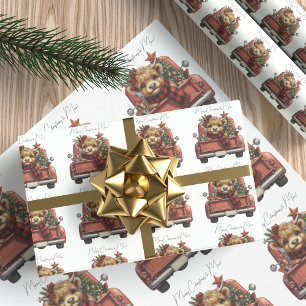 Highland Cow Vintage Red Truck Merry Christmas Wrapping Paper