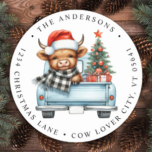 Highland Cow Vintage Truck Christmas Return Addres Classic Round Sticker
