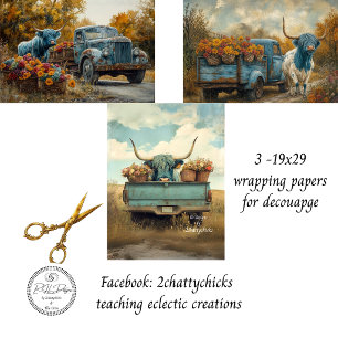 Highland Cow Vintage Truck Floral 3-19x29 Wrapping Paper Sheets