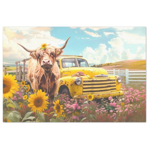 Highland Cow Vintage Truck Sunflowers Decoupage Tissue Paper