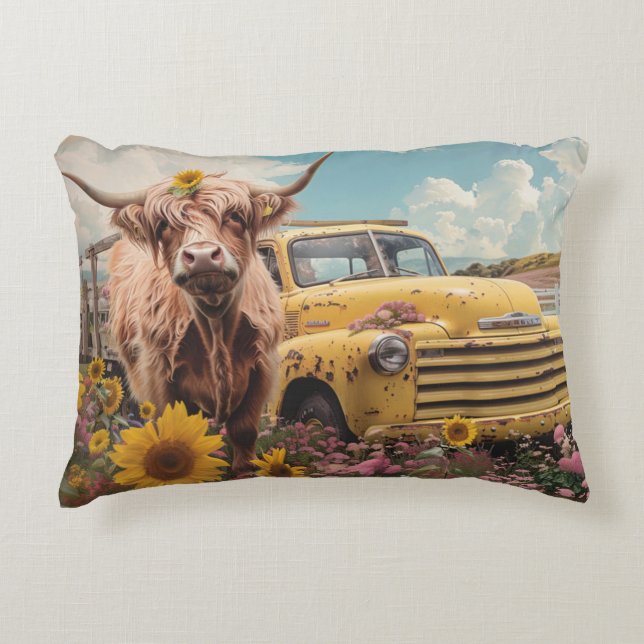 Highland Cow Vintage Yellow Truck Sunflower Rustic Accent Pillow (Front)