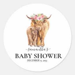 Highland Cow Watercolor Baby Shower Calf   Classic Round Sticker
