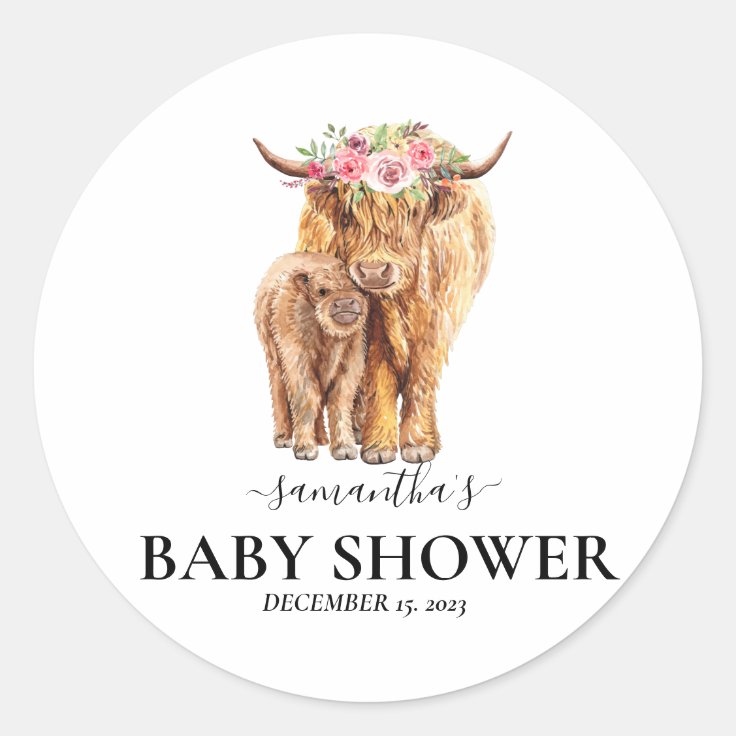 Highland Cow Watercolor Baby Shower Calf Classic Round Sticker Zazzle