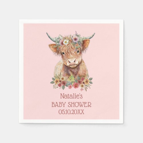 Highland Cow watercolor Baby Shower Cute Pink  Napkins