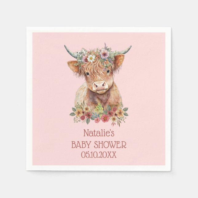 Highland Cow watercolor Baby Shower Cute Pink  Napkins (Front)