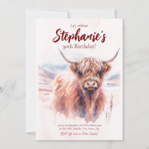 Highland Cow Watercolor Birthday Invitation