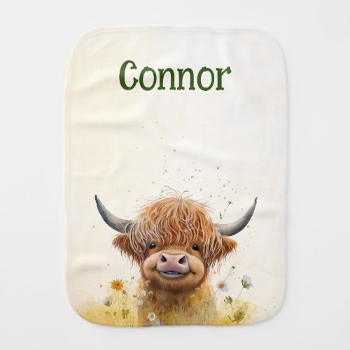 Highland cow watercolor burp cloth