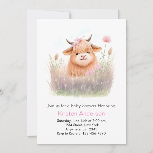 Highland Cow Watercolor Girl Baby Shower Invitation (Front)