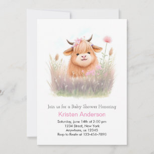 Highland Cow Watercolor Girl Baby Shower Invitation