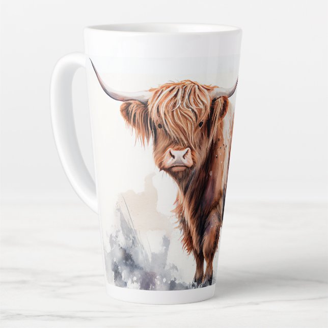 Highland Cow Watercolor Poster Latte Mug (Left Angle)