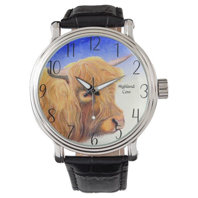 Highland Cow Watercolor Watch (Front)