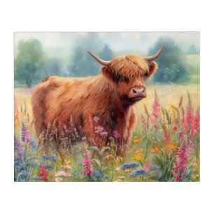 Highland Cow Watercolor Wildflower Field Acrylic Print