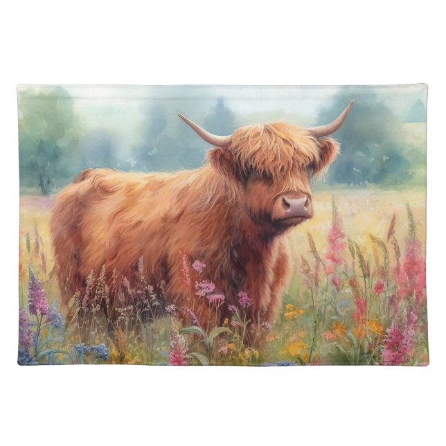 Highland Cow Watercolor Wildflower Field Cloth Placemat (Front)