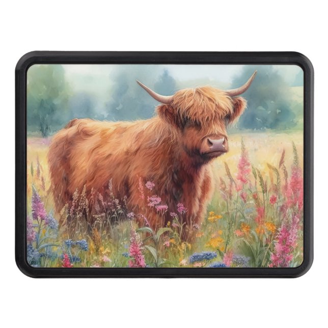 Highland Cow Watercolor Wildflower Field Hitch Cover (Front)