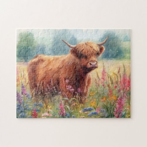 Highland Cow Watercolor Wildflower Field Jigsaw Puzzle