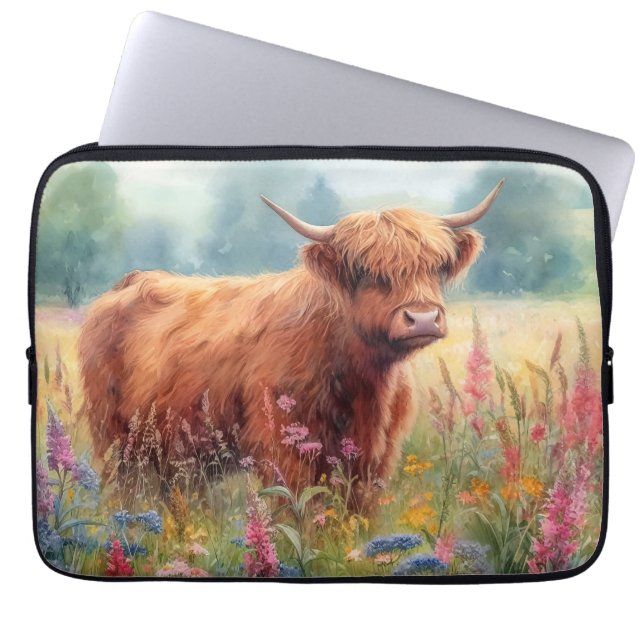 Highland Cow Watercolor Wildflower Field Laptop Sleeve (Front)