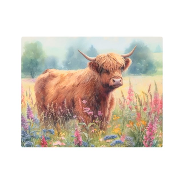 Highland Cow Watercolor Wildflower Field Metal Print (Front)
