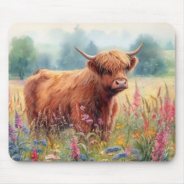 Highland Cow Watercolor Wildflower Field Mouse Pad (Front)