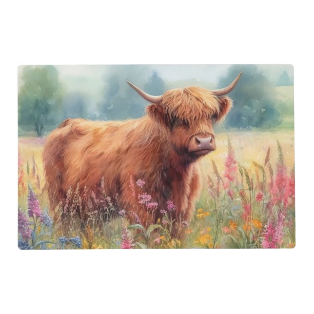 Highland Cow Watercolor Wildflower Field Placemat (Front)