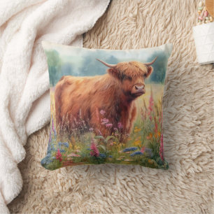 Highland Cow Watercolor Wildflower Field Throw Pillow