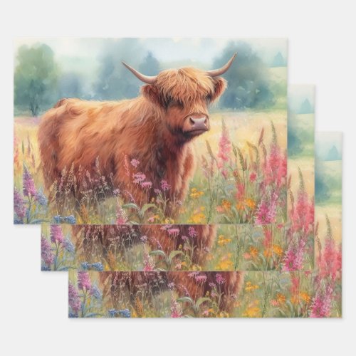 Highland Cow Watercolor Wildflower Field Wrapping Paper Sheets
