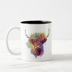Highland Cow Watercolor with Flowers Crown Two-Tone Coffee Mug