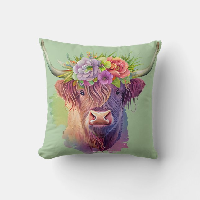 Highland Cow watercolor with flowers  Throw Pillow (Front)