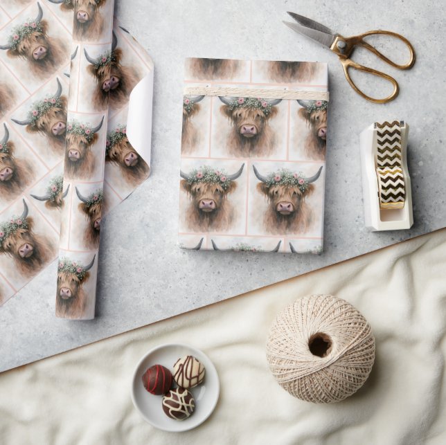 Highland Cow Wearing a Bridal Floral Crown Wrapping Paper (Crafts)
