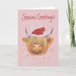 highland cow  wearing Christmas hat pastel pink Holiday Card